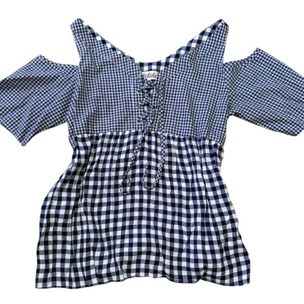 Listicle Navy and White Gingham Lace-Up Top